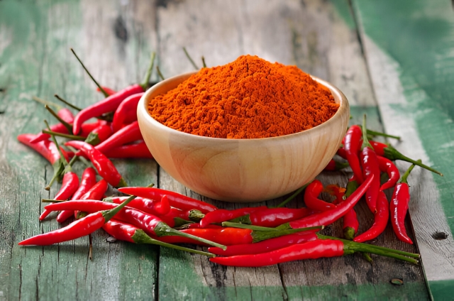 Red Chilli pepper on wooden table
